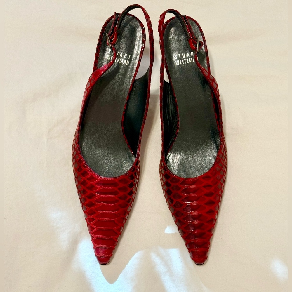 Stuart Weitzman Red Snakeskin Pointed Slingback H… - image 1